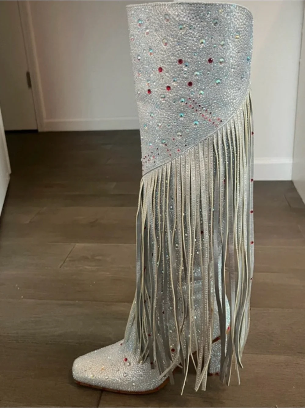 Silver Crystal Over-the-Knee Block Heel Boots with Fringe